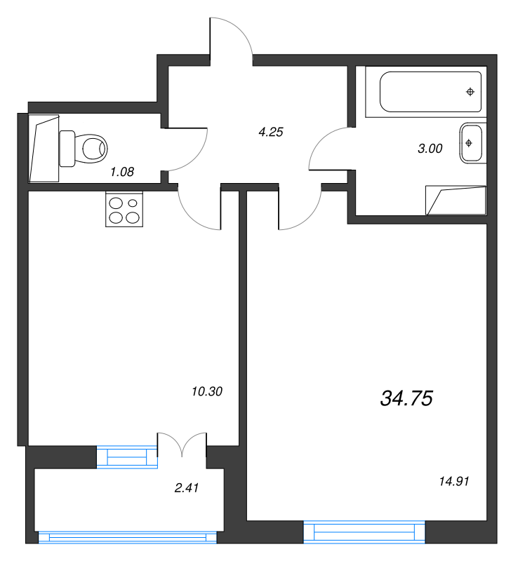 1-комнатная квартира, 34.75 м² - планировка, фото №1