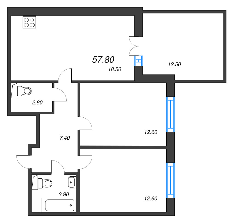 3-комнатная (Евро) квартира, 57.8 м² - планировка, фото №1