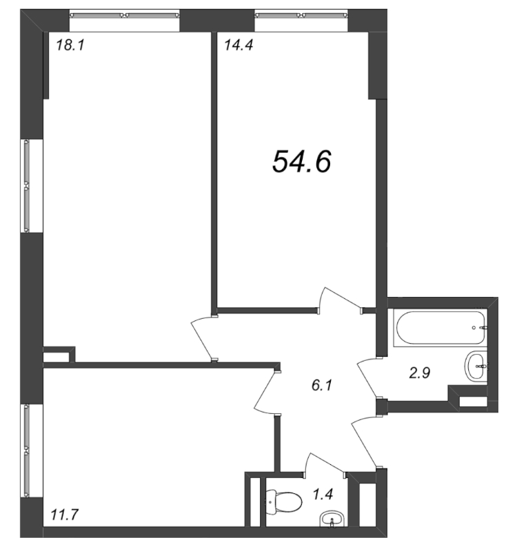 3-комнатная (Евро) квартира, 55.31 м² в ЖК "Zoom на Неве" - планировка, фото №1
