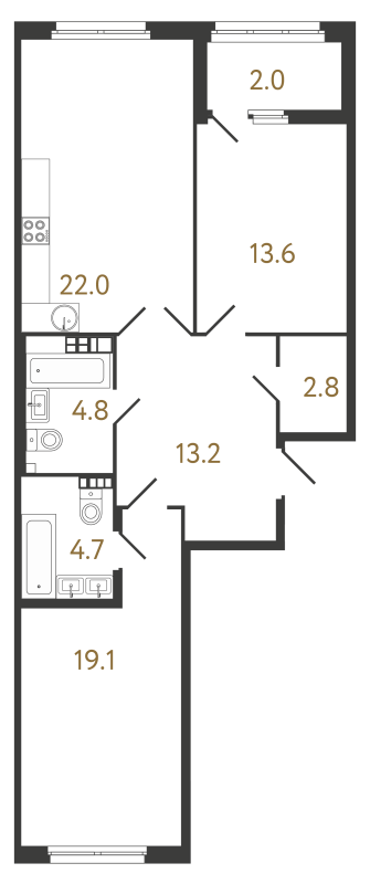 3-комнатная (Евро) квартира, 80.2 м² в ЖК "МИРЪ" - планировка, фото №1