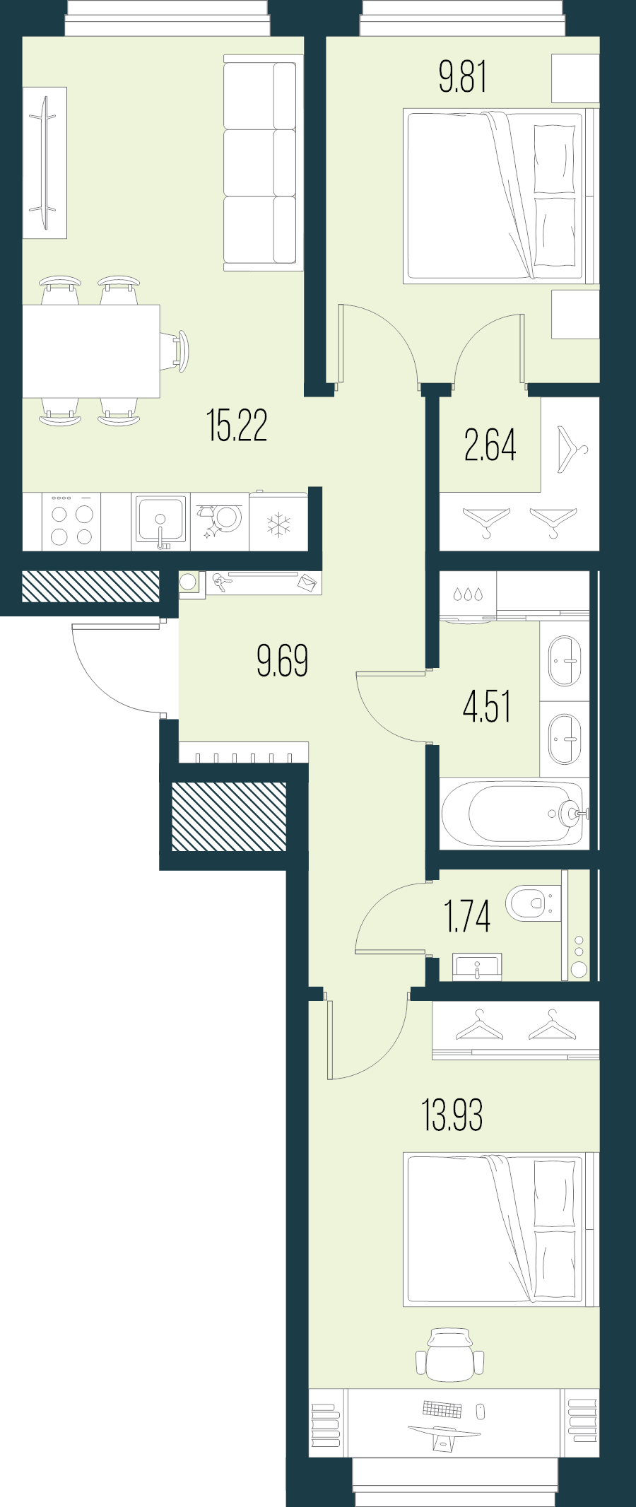 3-комнатная (Евро) квартира, 57.54 м² - планировка, фото №1