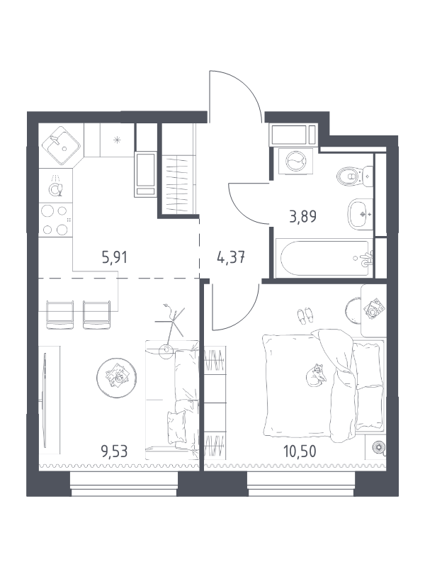 2-комнатная (Евро) квартира, 34.2 м² - планировка, фото №1