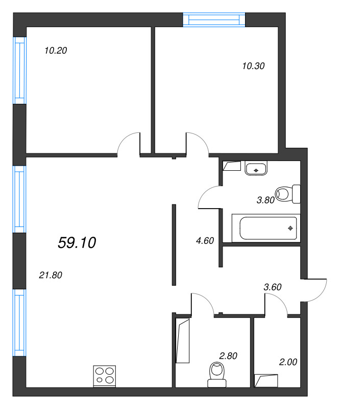 3-комнатная (Евро) квартира, 59.1 м² в ЖК "Струны" - планировка, фото №1