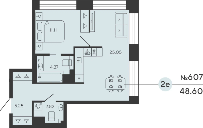 2-комнатная (Евро) квартира, 48.6 м² в ЖК "Bashni Element" - планировка, фото №1