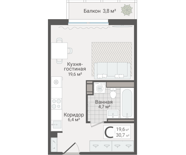 Квартира-студия, 30.7 м² в ЖК "Руднева 15" - планировка, фото №1