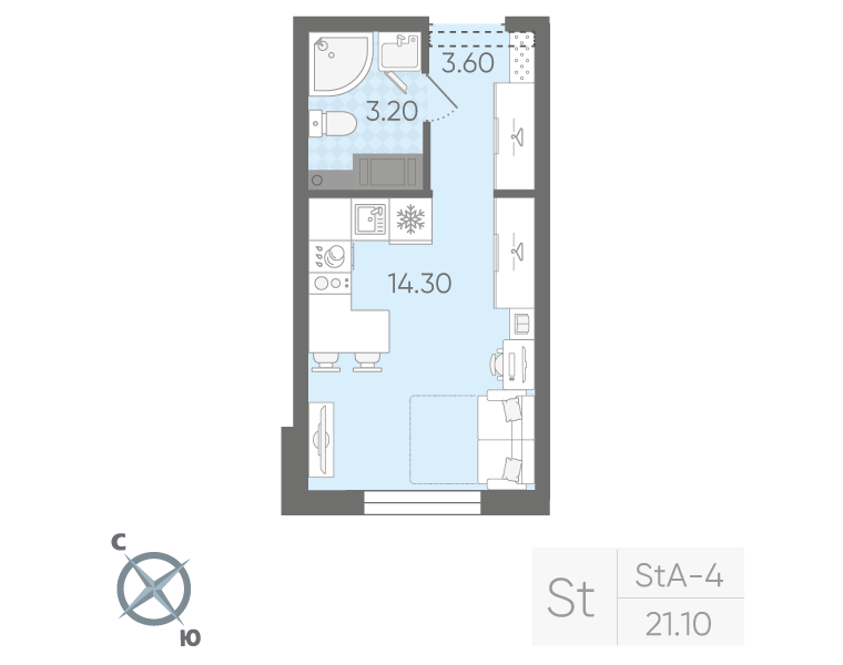 Квартира-студия, 21.1 м² в ЖК "Ручьи" - планировка, фото №1