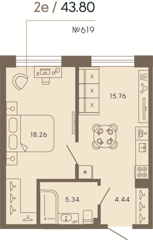 2-комнатная (Евро) квартира, 43.8 м² в ЖК "17/33 Петровский остров" - планировка, фото №1