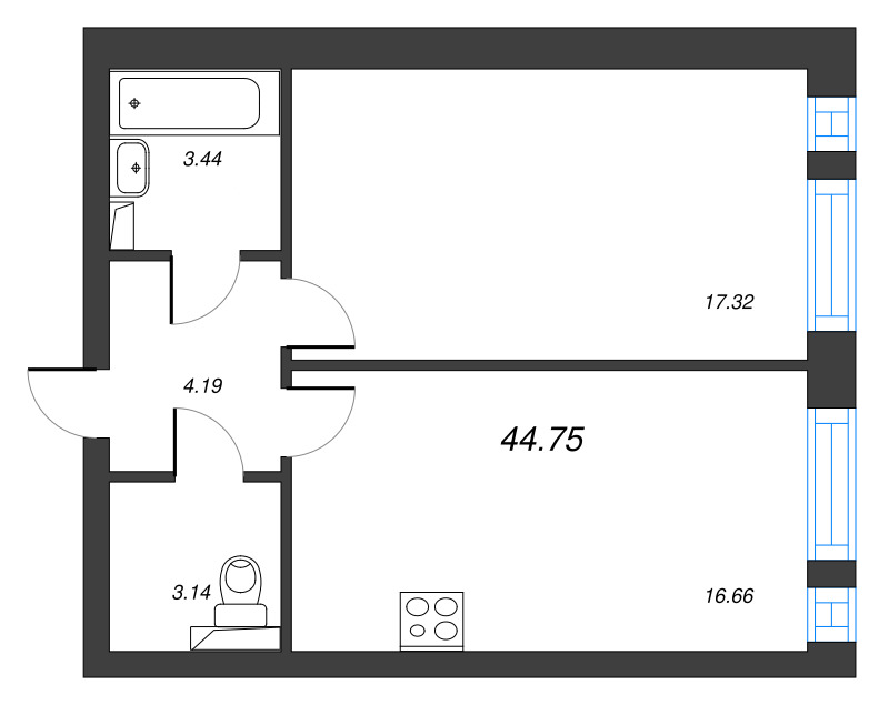 2-комнатная (Евро) квартира, 44.75 м² - планировка, фото №1