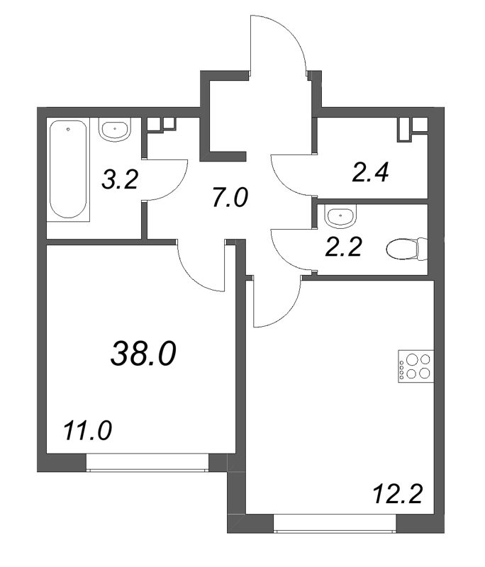 1-комнатная квартира, 38 м² в ЖК "Пулково Лейк" - планировка, фото №1