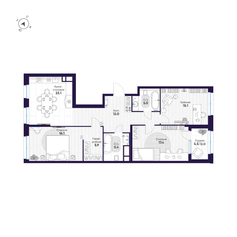 4-комнатная (Евро) квартира, 102.3 м² в ЖК "ЛДМ" - планировка, фото №1