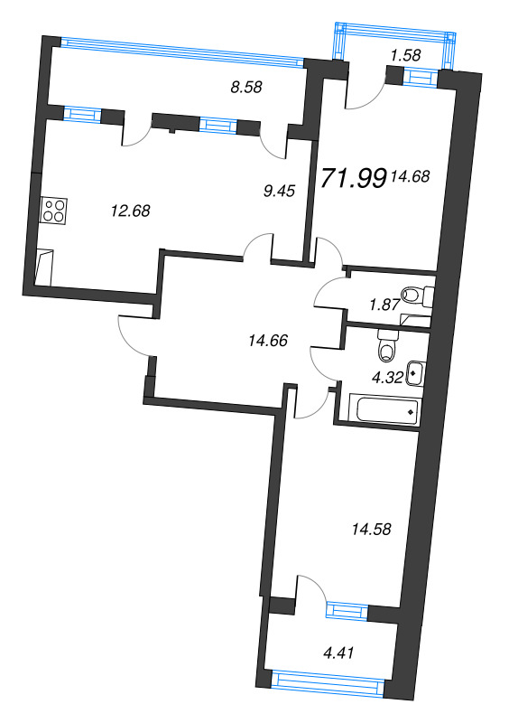 3-комнатная (Евро) квартира, 76.96 м² в ЖК "Кронфорт. Центральный" - планировка, фото №1