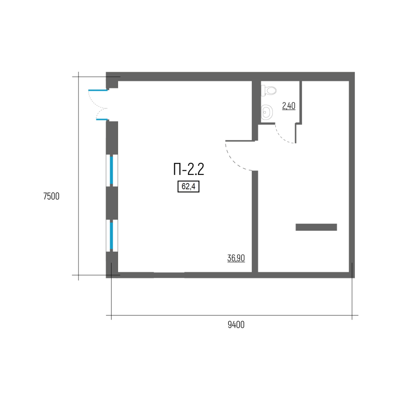 Помещение, 62.4 м² в ЖК "Экос" - планировка, фото №1