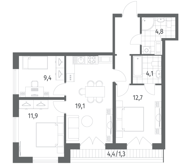 4-комнатная (Евро) квартира, 70.2 м² в ЖК "Парусная 1" - планировка, фото №1