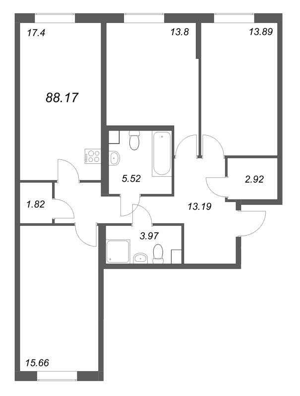 4-комнатная (Евро) квартира, 88.17 м² в ЖК "Кинопарк" - планировка, фото №1