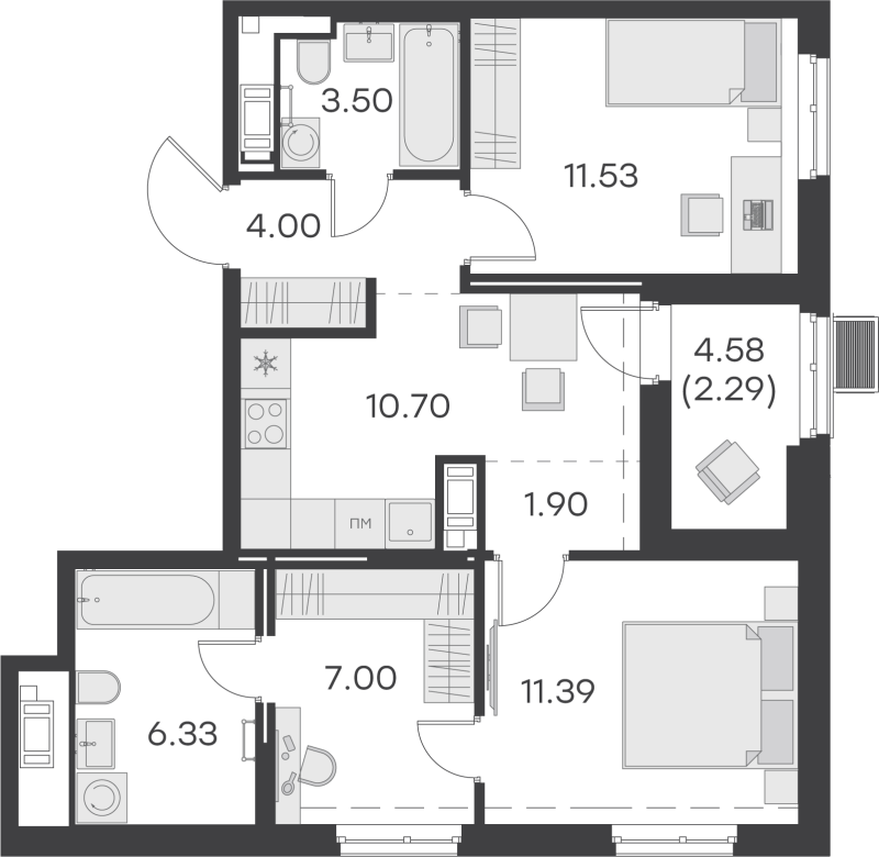 2-комнатная квартира, 58.64 м² - планировка, фото №1