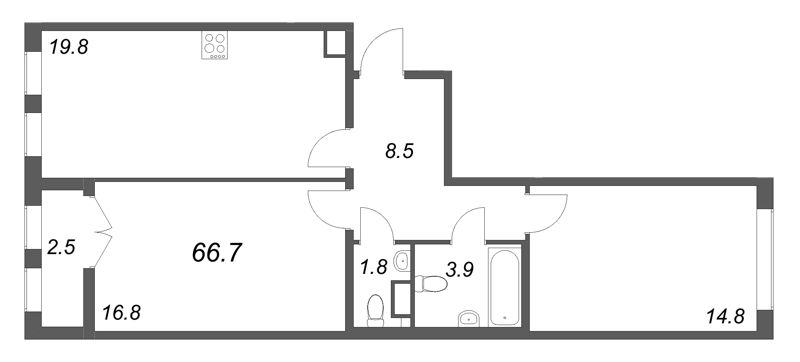3-комнатная (Евро) квартира, 66.7 м² в ЖК "Кронунг ЮГ" - планировка, фото №1