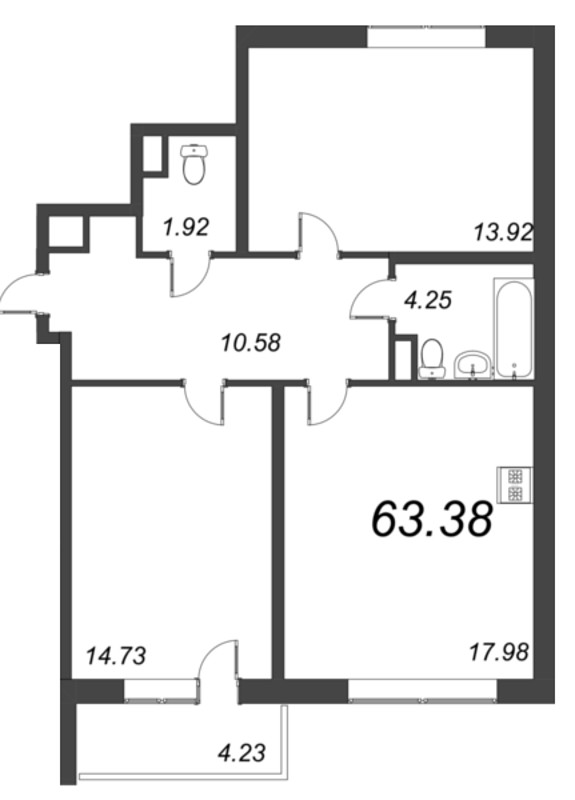 3-комнатная (Евро) квартира, 63.38 м² - планировка, фото №1