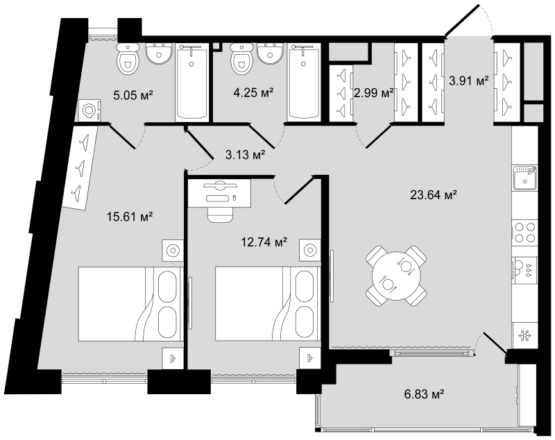 3-комнатная (Евро) квартира, 74.74 м² в ЖК "Новгородская 8" - планировка, фото №1
