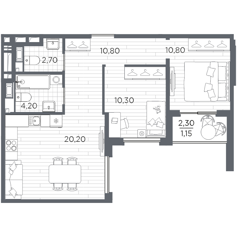 3-комнатная (Евро) квартира, 60.15 м² в ЖК "PLUS Пулковский" - планировка, фото №1