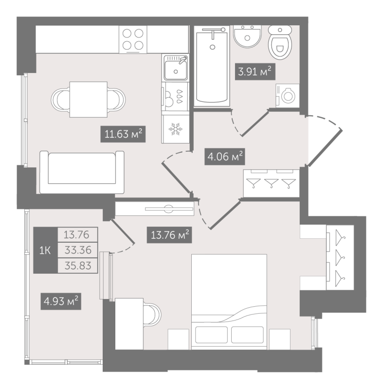 1-комнатная квартира, 35.83 м² в ЖК "N8" - планировка, фото №1