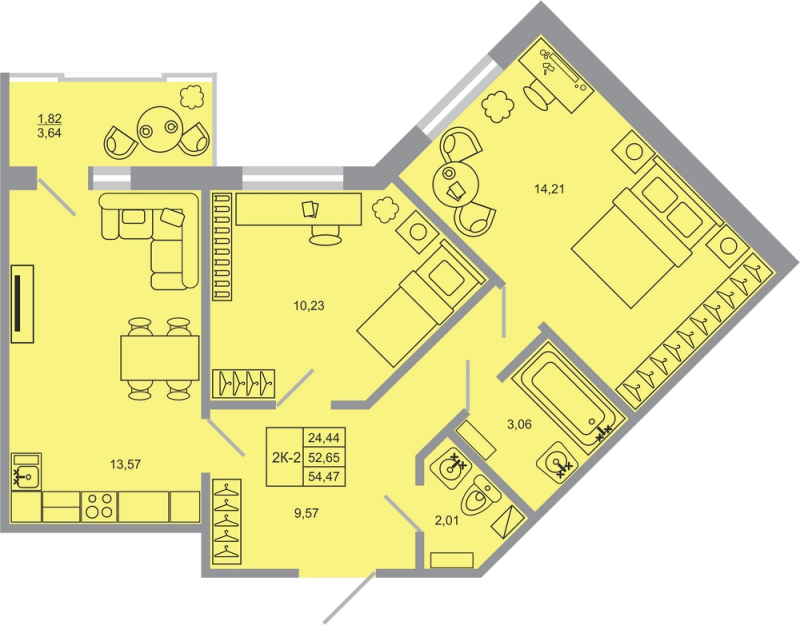 2-комнатная квартира, 54.47 м² - планировка, фото №1