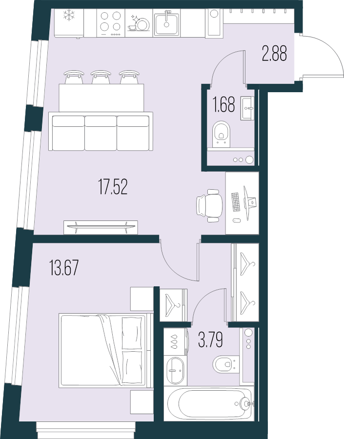 2-комнатная (Евро) квартира, 39.54 м² - планировка, фото №1
