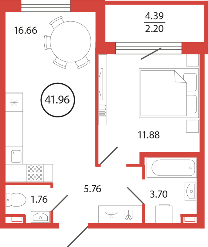 2-комнатная (Евро) квартира, 41.96 м² в ЖК "Энфилд" - планировка, фото №1