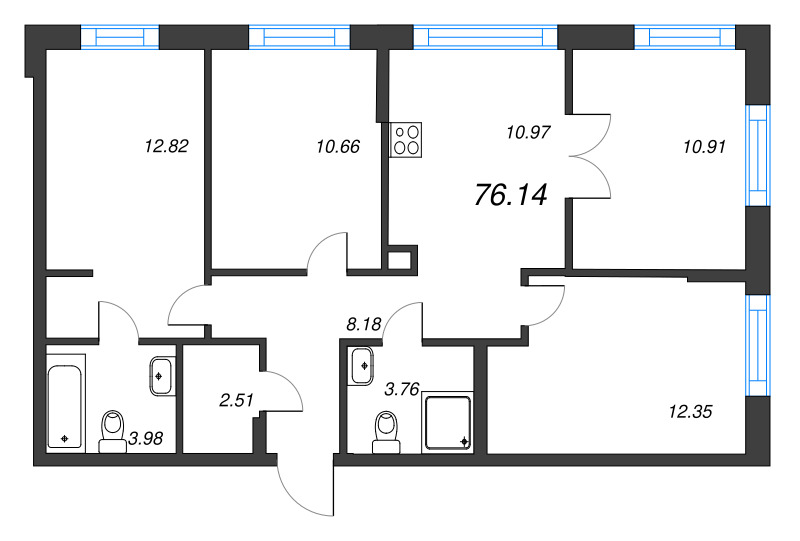 4-комнатная квартира, 76.14 м² - планировка, фото №1