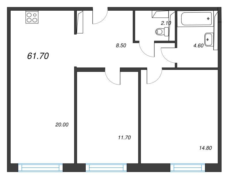 3-комнатная (Евро) квартира, 61.7 м² в ЖК "Руднева 15" - планировка, фото №1