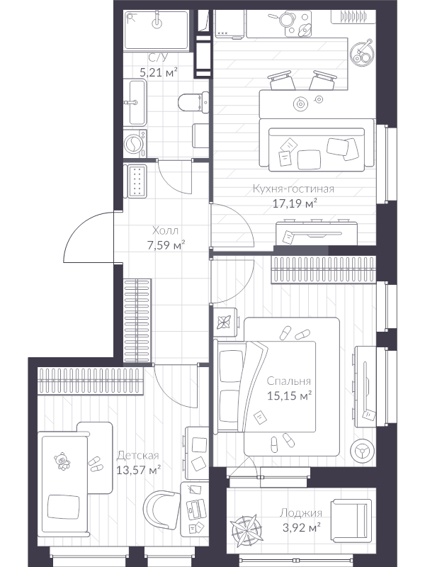 3-комнатная (Евро) квартира, 60.8 м² в ЖК "VEREN NEXT шуваловский" - планировка, фото №1