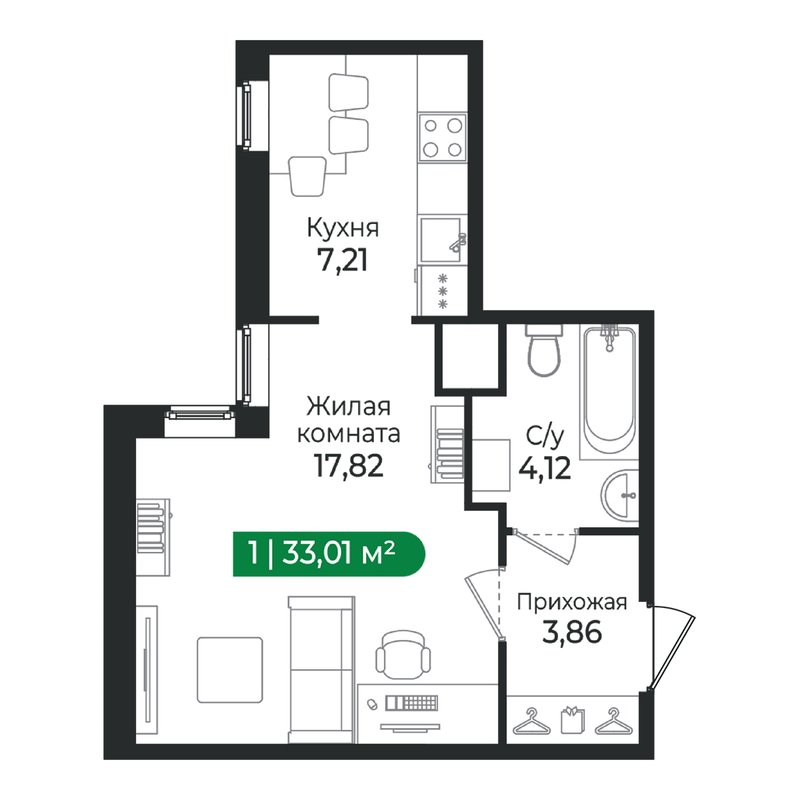 1-комнатная квартира, 33.01 м² в ЖК "Сертолово Парк" - планировка, фото №1