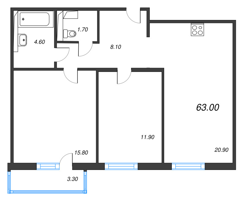 3-комнатная (Евро) квартира, 63 м² - планировка, фото №1