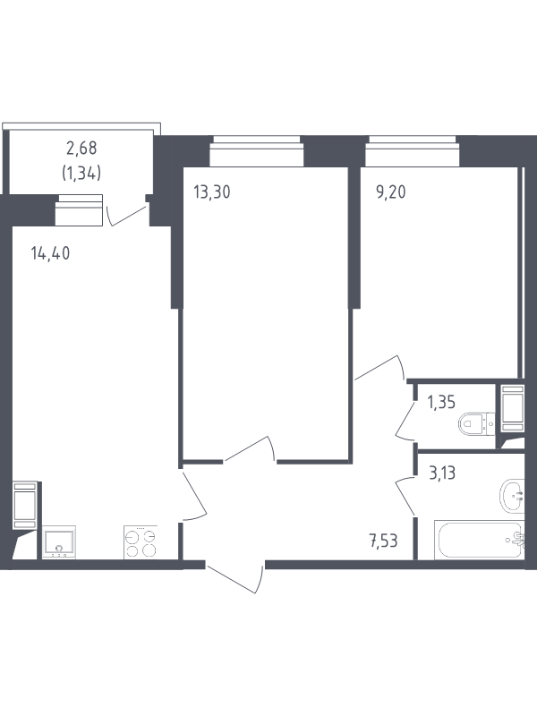 2-комнатная квартира, 50.25 м² - планировка, фото №1