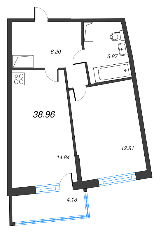2-комнатная (Евро) квартира, 38.96 м² в ЖК "Дом Левитан" - планировка, фото №1