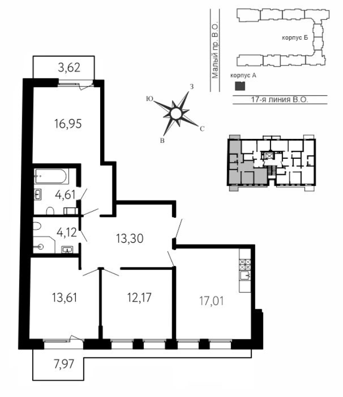 4-комнатная (Евро) квартира, 85.25 м² в ЖК "17-я линия" - планировка, фото №1