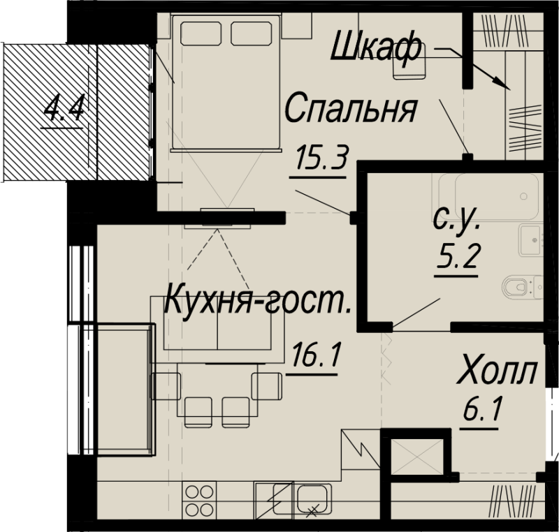 2-комнатная (Евро) квартира, 44 м² - планировка, фото №1