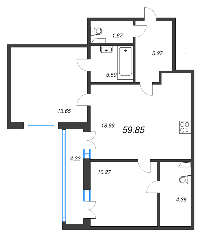 3-комнатная (Евро) квартира, 59.85 м² в ЖК "AEROCITY" - планировка, фото №1