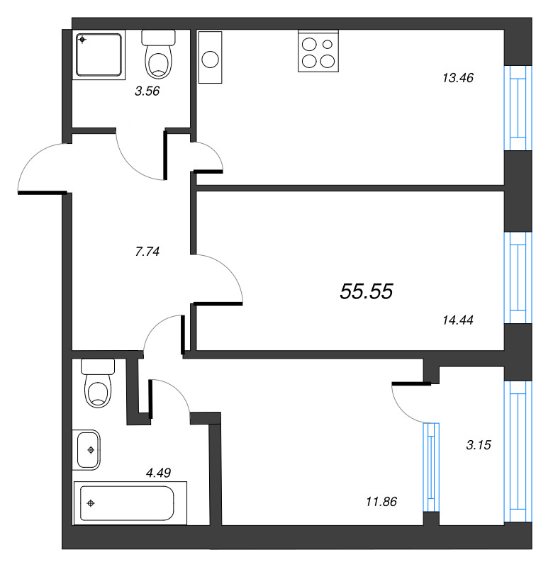2-комнатная квартира, 55.55 м² - планировка, фото №1