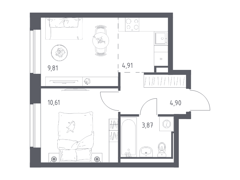 1-комнатная квартира, 34.1 м² в ЖК "Живи! В Рыбацком" - планировка, фото №1