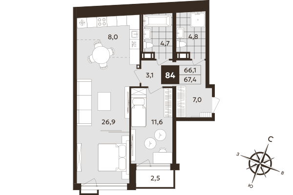 2-комнатная (Евро) квартира, 66.1 м² в ЖК "Дом на Бронницкой" - планировка, фото №1