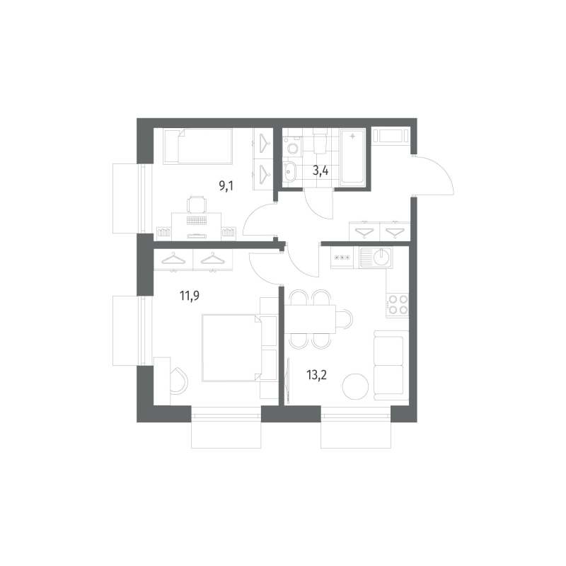 2-комнатная квартира, 43 м² в ЖК "Парусная 1" - планировка, фото №1