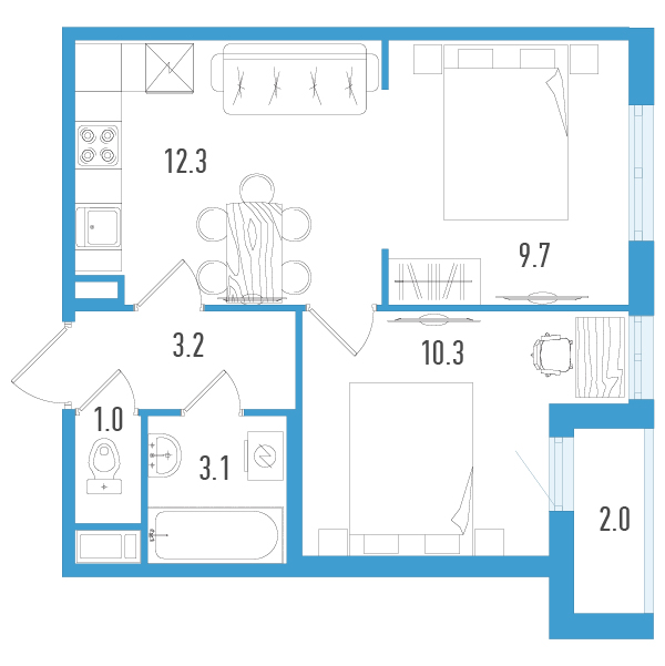 2-комнатная (Евро) квартира, 40.6 м² - планировка, фото №1