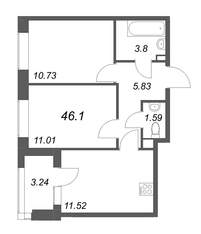 2-комнатная квартира, 46.1 м² в ЖК "Гранат" - планировка, фото №1