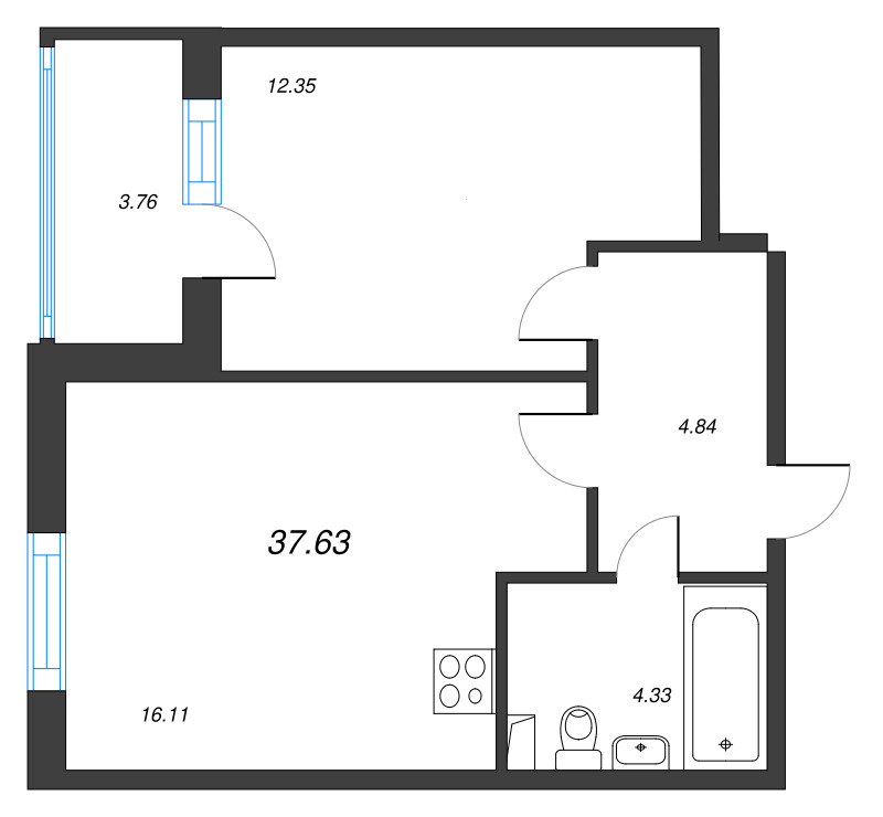2-комнатная (Евро) квартира, 37.63 м² - планировка, фото №1