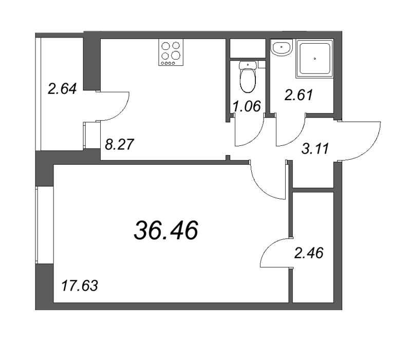 1-комнатная квартира, 36.46 м² - планировка, фото №1