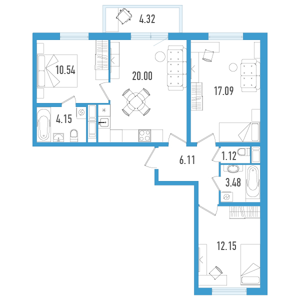 4-комнатная (Евро) квартира, 75.94 м² в ЖК "AEROCITY" - планировка, фото №1