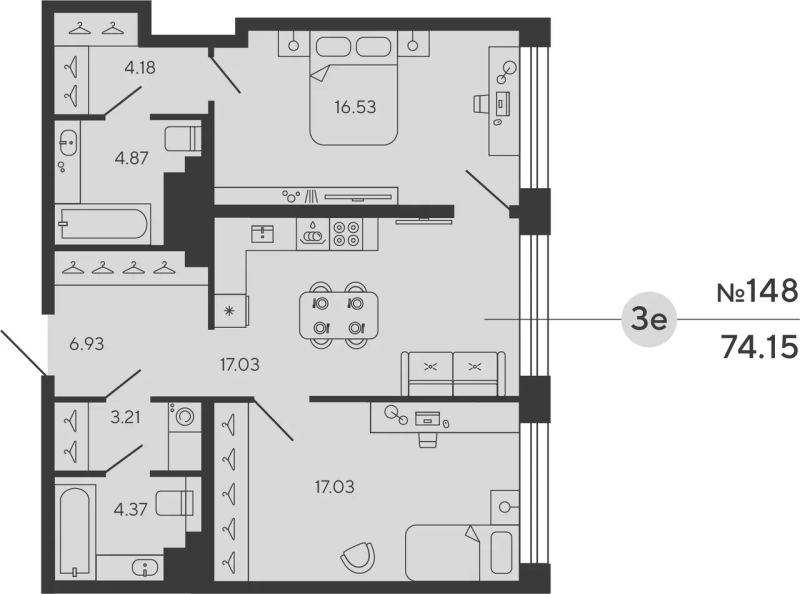 3-комнатная (Евро) квартира, 74.15 м² в ЖК "Bashni Element" - планировка, фото №1