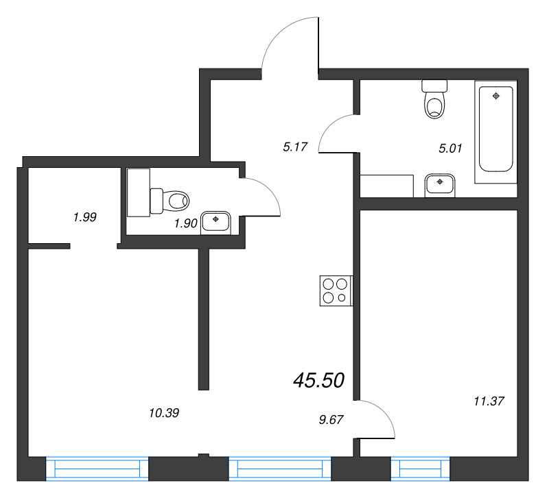 2-комнатная квартира, 45.5 м² - планировка, фото №1
