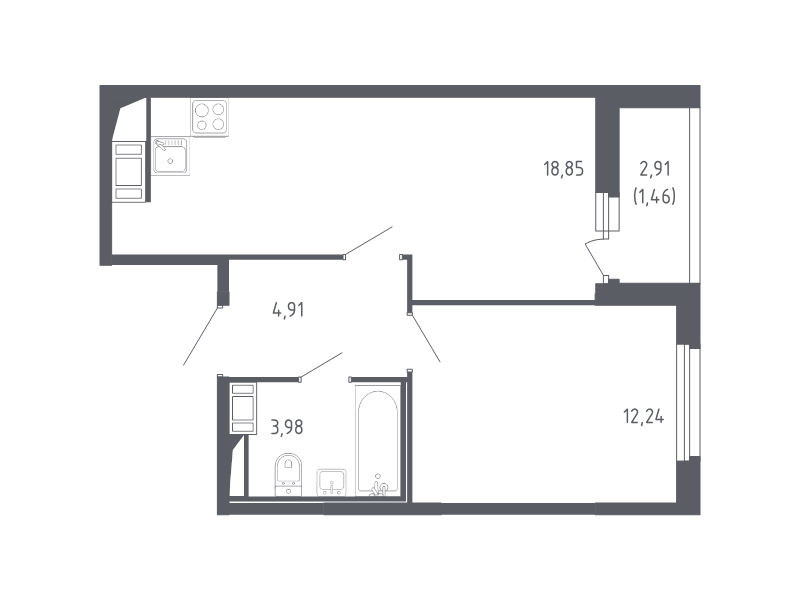 2-комнатная (Евро) квартира, 41.44 м² - планировка, фото №1