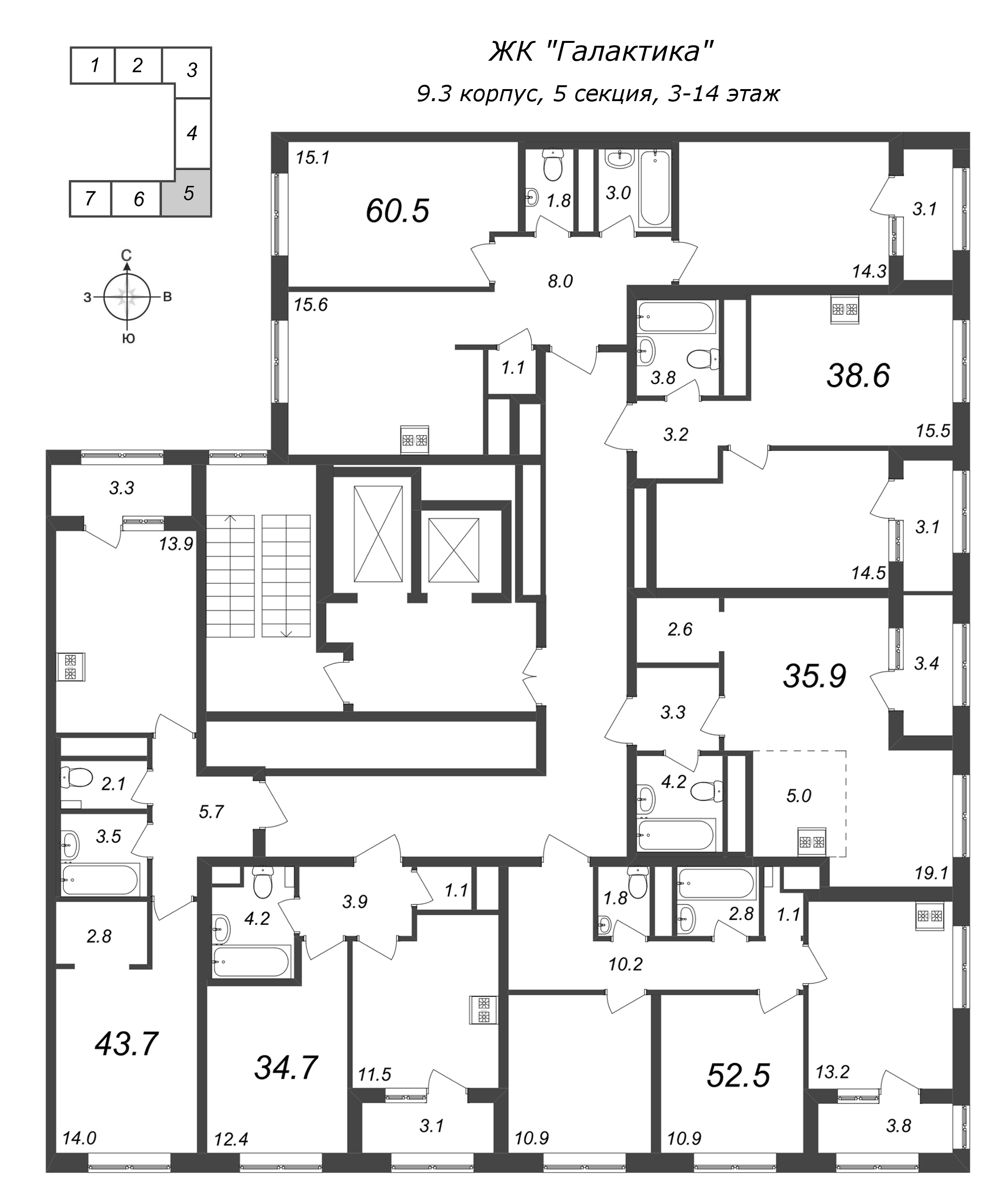 1-комнатная квартира, 34.5 м² в ЖК "Галактика" - планировка этажа